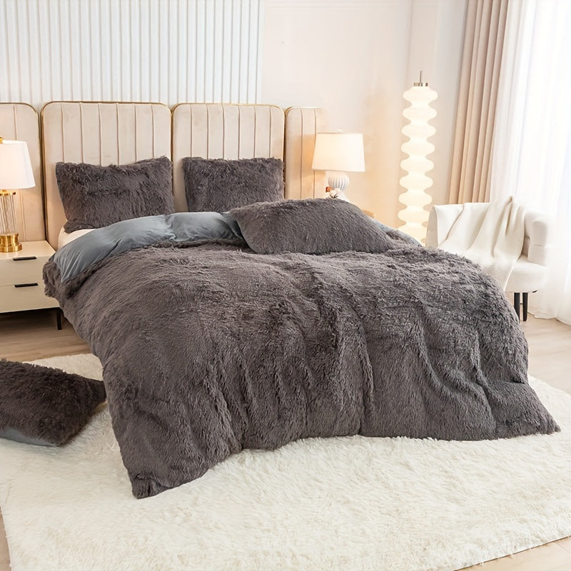 Plush Duvet Cover Set 3 Piece, Long Hair Knitted Polyester, Solid Color Fuzzy Comforter Cover with Zipper Closure, All-Season Soft Cozy Bedding Set for Bedroom, Multiple Colors Available