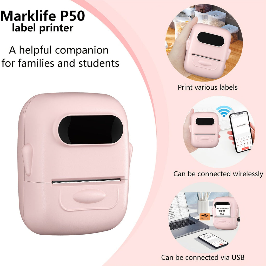 Wireless Thermal Label Maker – No Ink Required, Multiple Templates, Bluetooth Label Printer for Storage Organization, Home, Office, and School Supplies, Pink, White, Blue