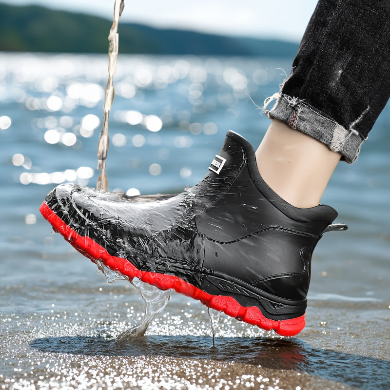 Lightweight Non-Slip Short Ankle Rain Boots for Men and Women, Cushioned Insoles, Breathable Lining, Textured Anti-Slip Sole, Fashionable Unisex Couple Rain Boots for Car Washing and Outdoor Activities, Black/Beige, US 5.5-12