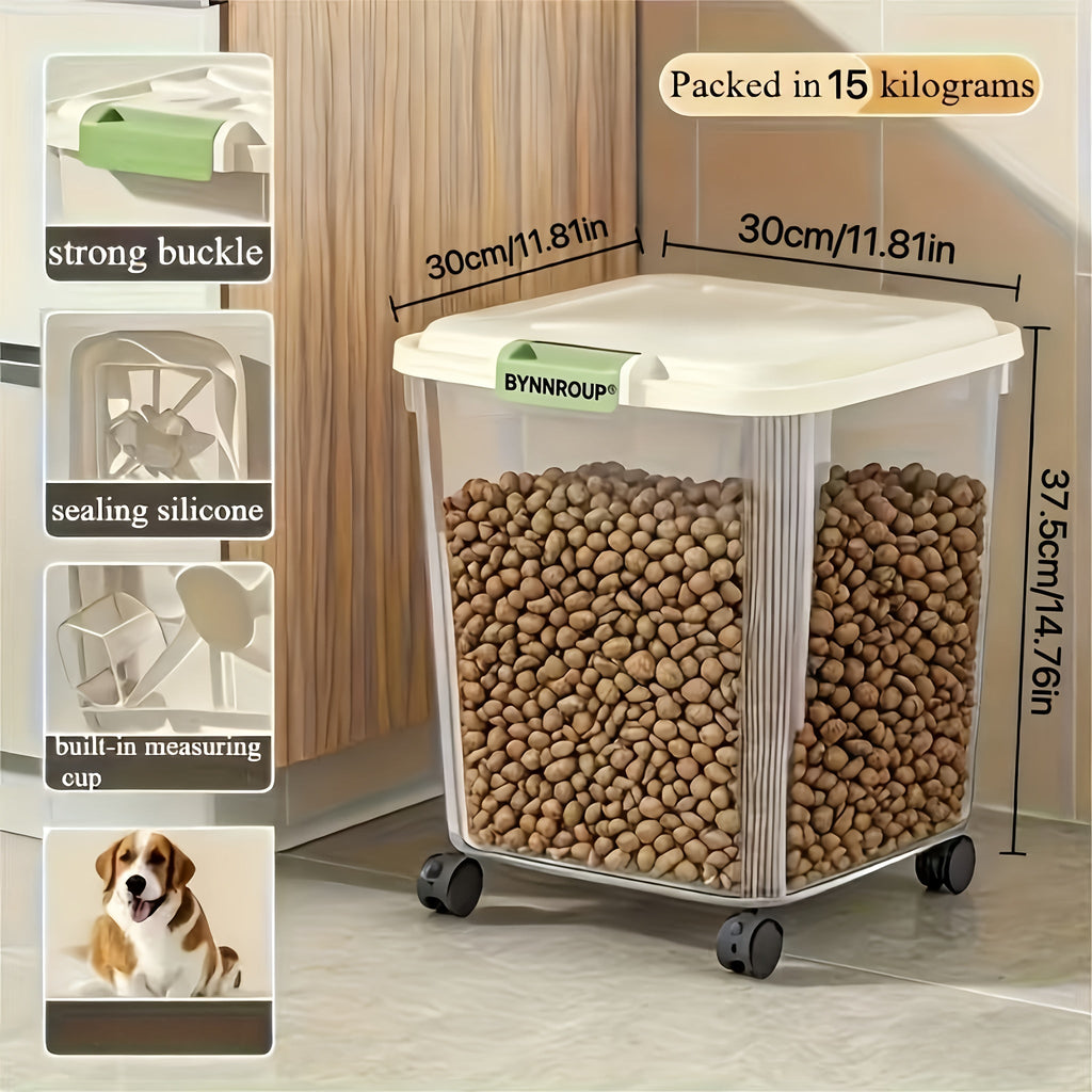 Pet Food Storage Container with Locking Lid & Scoop – Moisture-Proof Airtight Bin 6-55 lbs, Optional Wheels & Cute Sticker, Large Capacity for Cat & Dog Food, Grains, and Flour