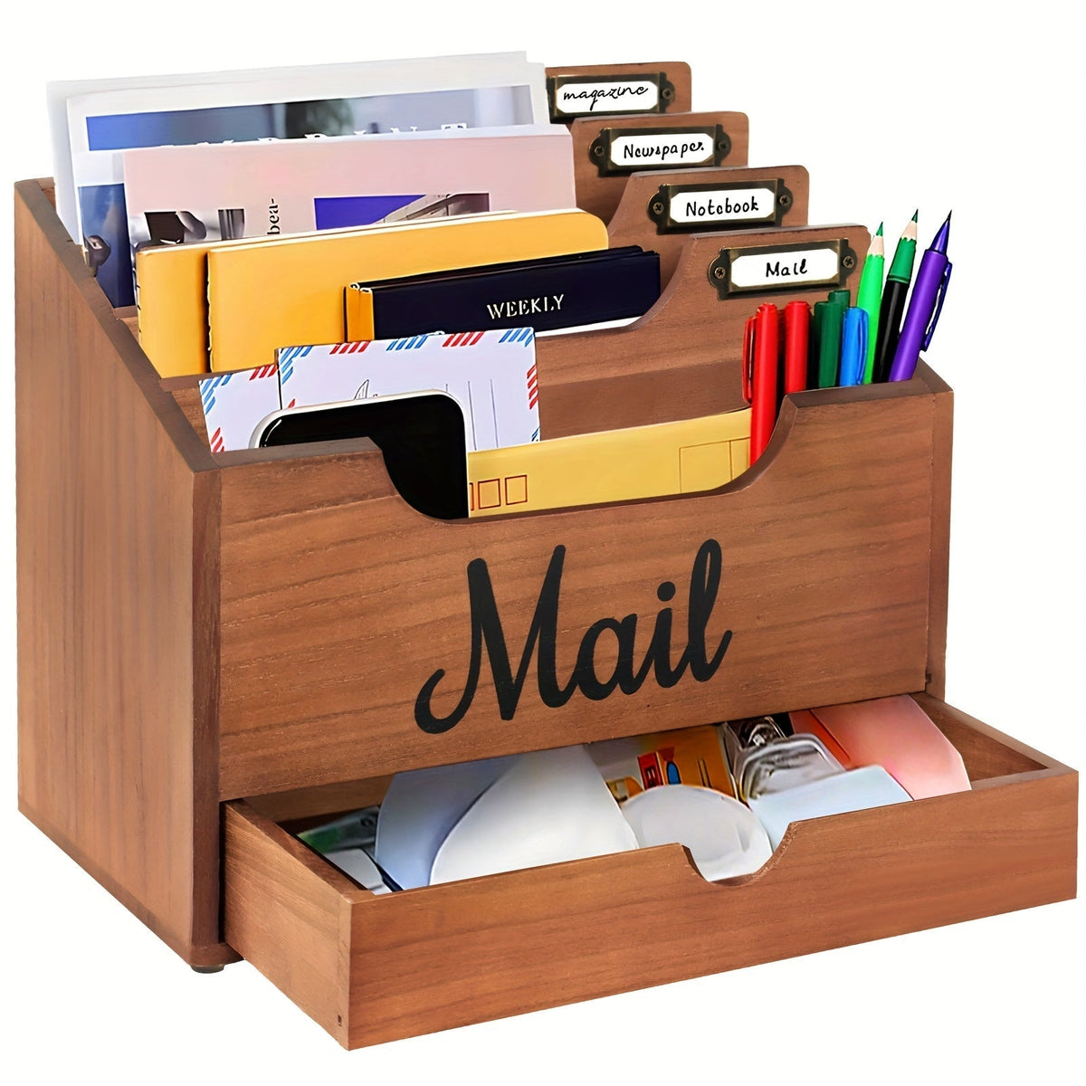Large Solid Wood Desktop Mail Organizer with Drawer and 4 Compartments, Labelable Dividers for Files, Letters, and Paper Folders, Desk Organizer for Home Office, Students, and Professionals