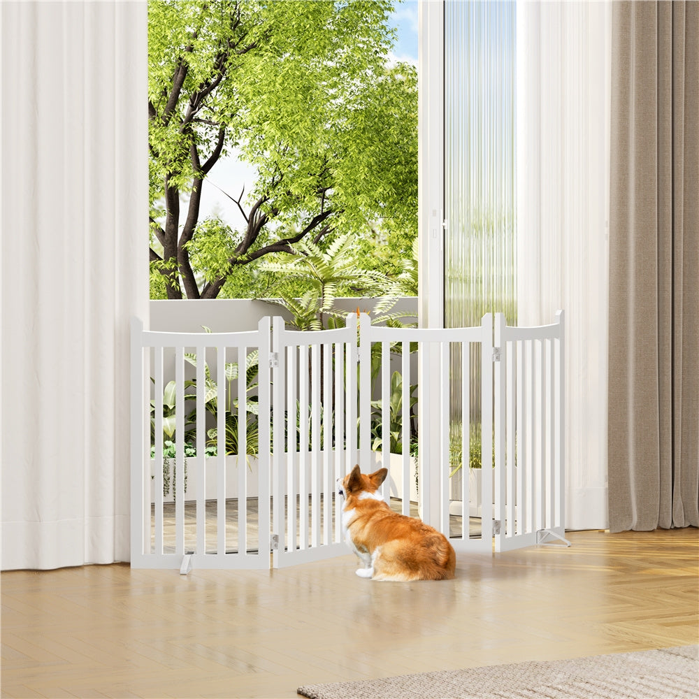 Freestanding Wooden Dog Gate 3-Panel with Door, 24"/36" Height, Anti-Scratch, Two Support Feet, Indoor Pet Barrier for Doorway Stairs Hallway, for Small Dogs & Puppies, White