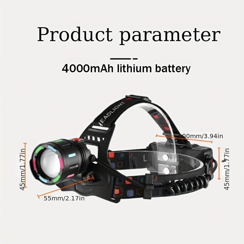 Rechargeable LED Headlamp, 4 Modes, Adjustable Focus, 90° Tilt, Warning Taillight, Durable Headlight for Camping, Hiking, Adventure, Emergency, and Repair Work for Adults