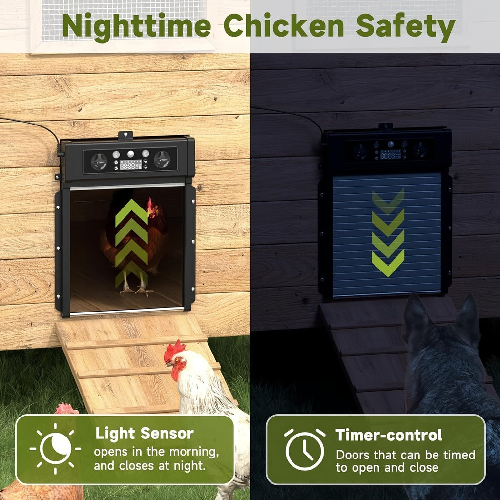 Automatic Chicken Coop Door, Solar Powered with Timer & Light Sensor – Aluminum Alloy Anti-Pinch Design, featuring a 4000mAh Battery, Solar Panel, and Remote Control for Poultry Management