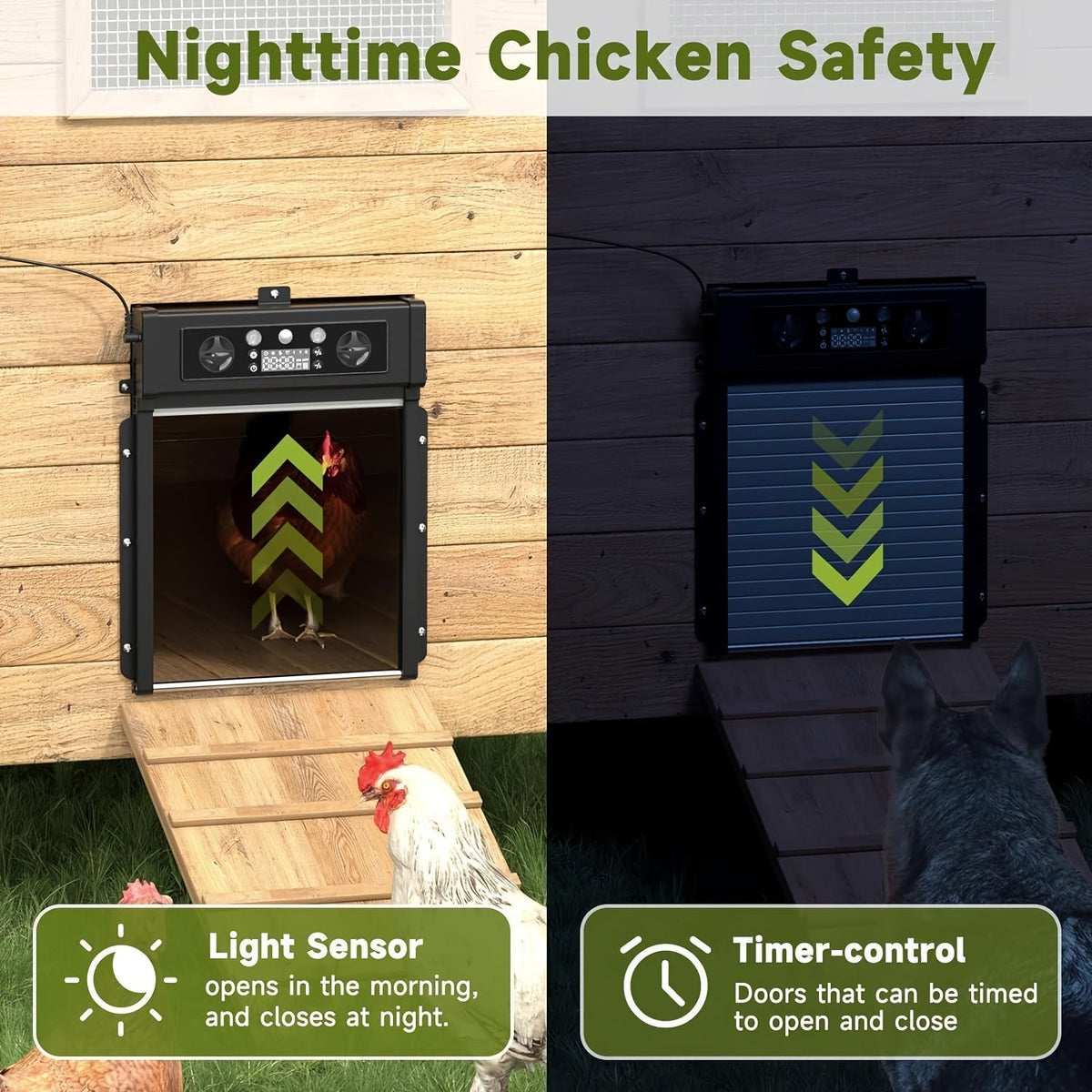 Automatic Chicken Coop Door, Solar Powered with Timer & Light Sensor – Aluminum Alloy Anti-Pinch Design, featuring a 4000mAh Battery, Solar Panel, and Remote Control for Poultry Management