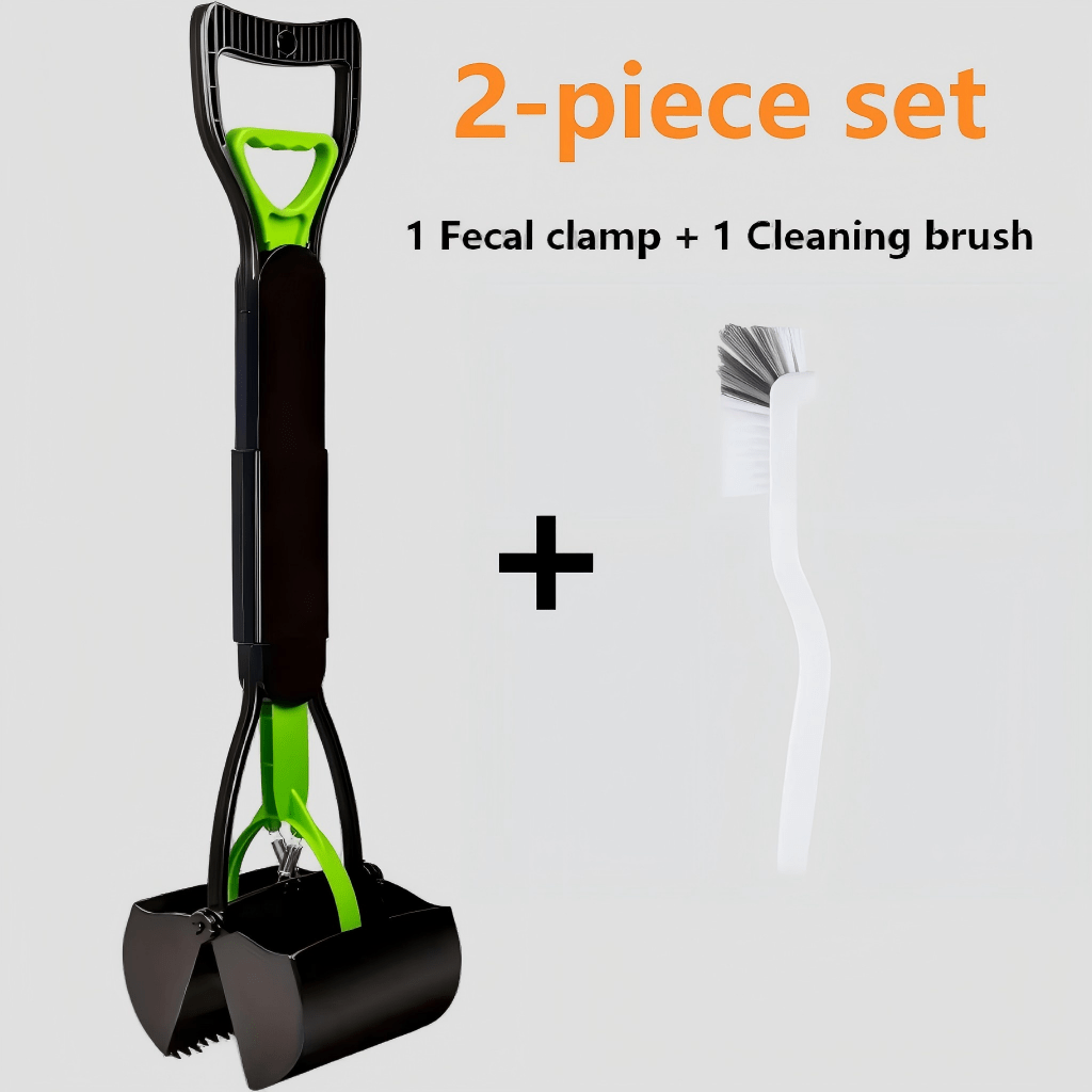 Portable Foldable Dog Poop Scooper with Cleaning Brush - Strong Serrated Clamp Waste Grabber for Yards, Lawns & Gravel, No-Dead-Angle Pet Waste Pickup Tool, High-Strength Durable Design