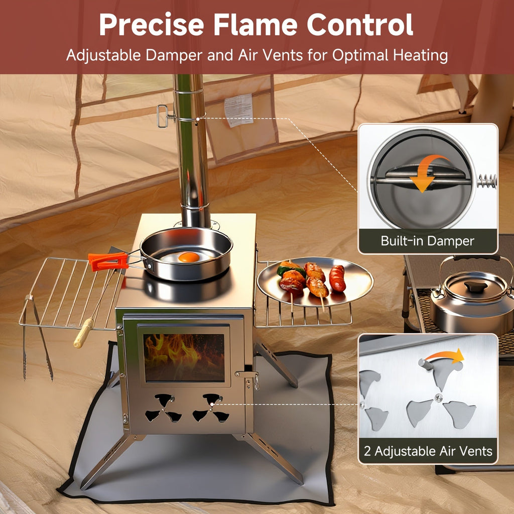 MOPHOTO Hot Tent Stove Portable Stainless Steel Wood Burning Camp Stove with 7 Chimney Pipes for Wall Tent Camping Cooking Ice Fishing & Hunting – Large