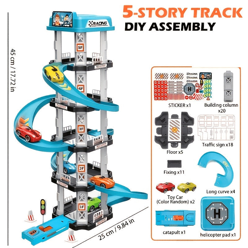 62pcs 5-Story Parking Garage 3D Multi-Layer Racing Track Set with 2 Cars, Ejection Launchers, Drift Tracks, Helipad, Gas Station, Assembly STEM Toy for Kids Boys Birthday New Year Gift