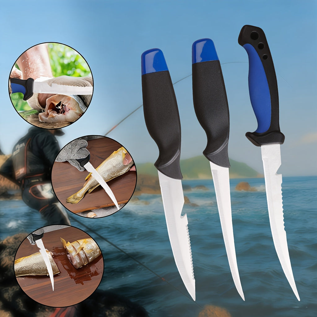 3-Piece Fishing Knife Set with Stainless Steel Blades, Fish Fillet, Boning, and Gutting Knives with Cut-Resistant Gloves, Fishing Line Cutter & Cord – Unique Fishing Gift for Anglers & Campers