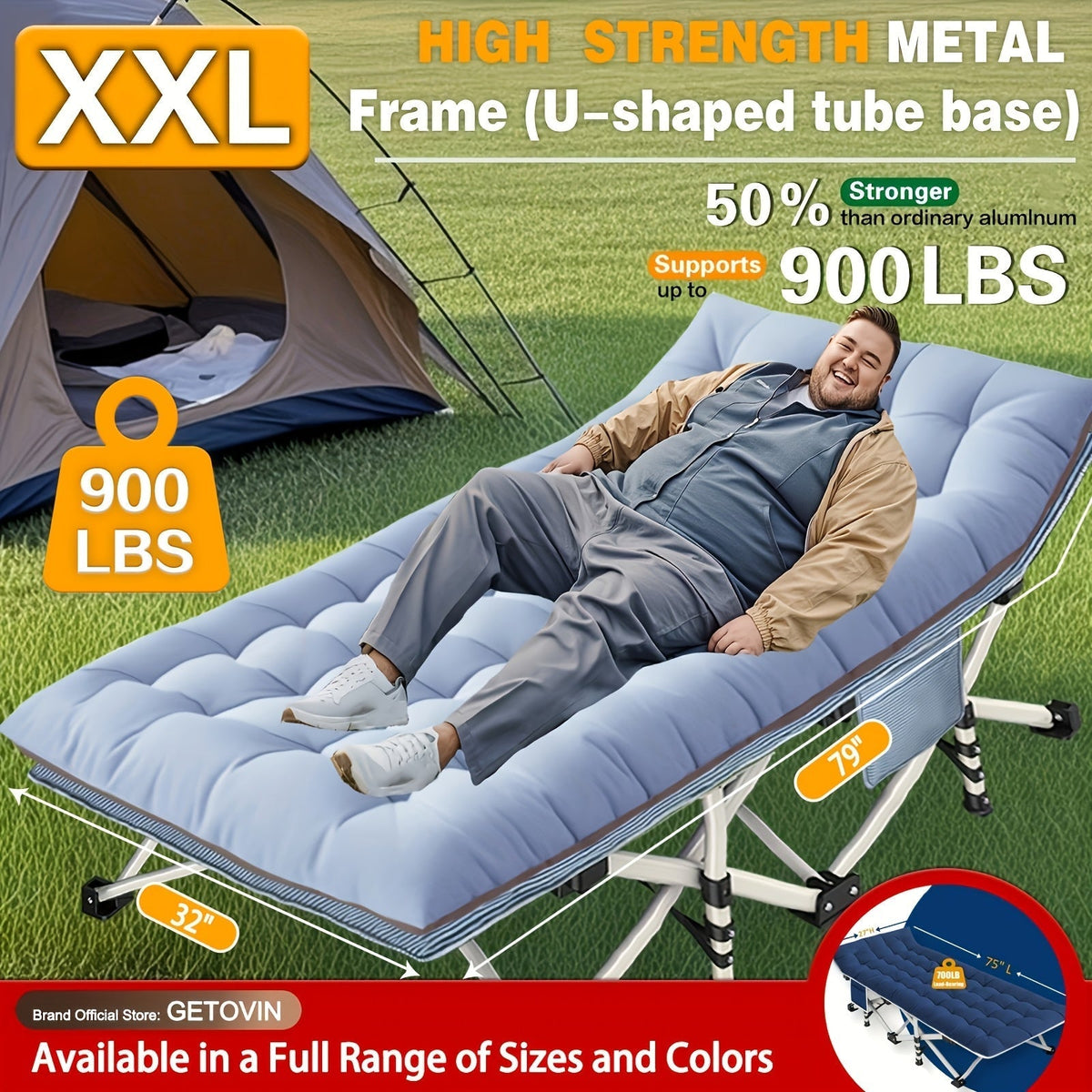 Folding Camping Cot with Mattress 75"-79" – Heavy Duty Portable Sleeping Cot for Adults, Kids & Teens, Max Load 700-900 lbs, for Camping, Home, Office, Beach, Garden & Fishing