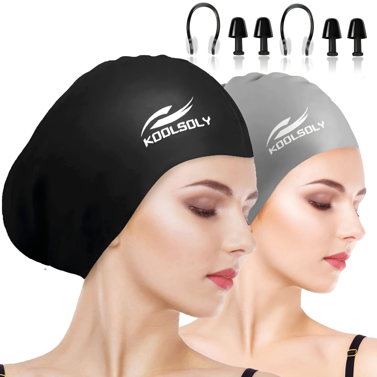 Silicone Swimming Cap 2-Pack with Ear Protection for Long Hair – Includes Earplugs & Nose Clip, Waterproof Swim Cap Set, 11 Color Options for Women, Men, and Adults