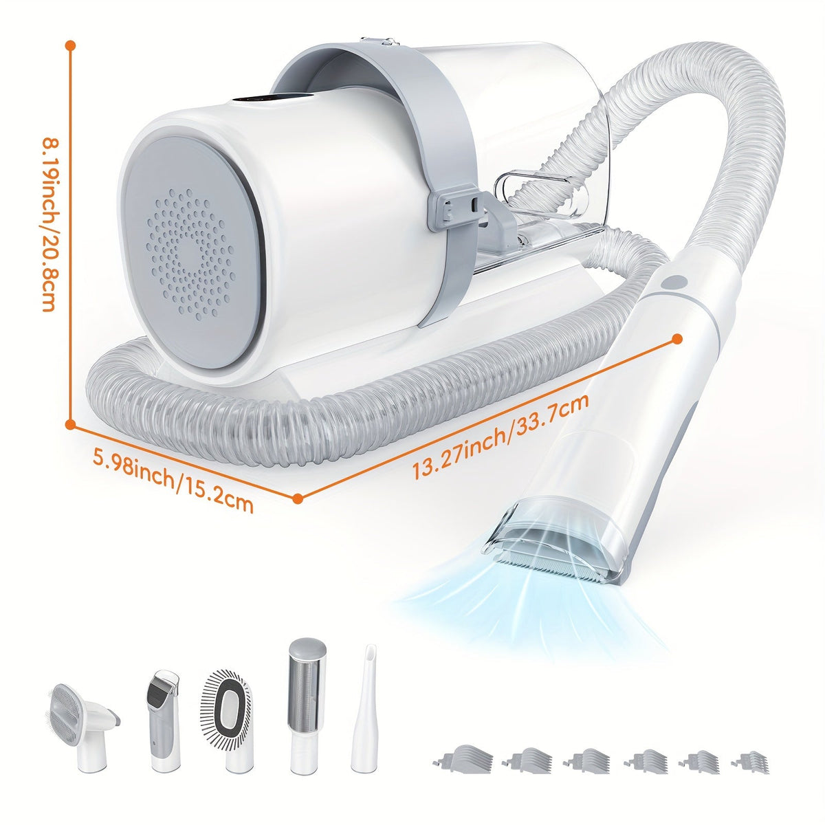 5-in-1 Pet Grooming Vacuum Kit with 99% Hair Suction – Professional Dog & Cat Clippers with 6 Guide Combs, Powerful Low-Noise Grooming Vacuum for Dogs, Cats & All Pets, White Grey Blue