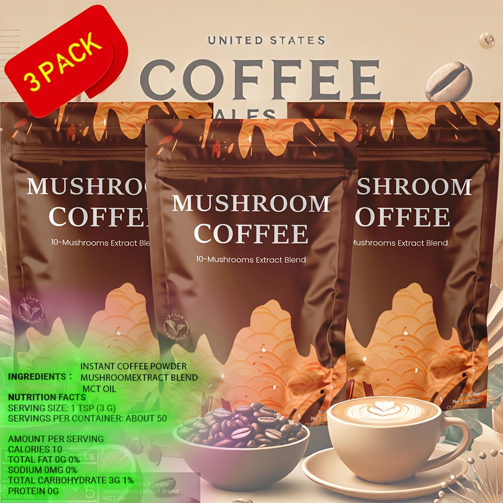 Mushroom Coffee with 10 Adaptogenic Mushrooms & MCT Oil – USA Grown Instant Coffee, Lion's Mane, Turkey Tail, Shiitake, 6.35 oz, Available in 1, 3 & 6 Packs