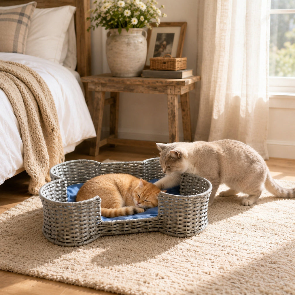 Bone Shaped Dog Toy Storage Basket – Hand-Woven Faux Rattan Pet Toy Organizer Bin for Cat & Dog Toys, Leashes & Accessories, Farmhouse Home Decor Style