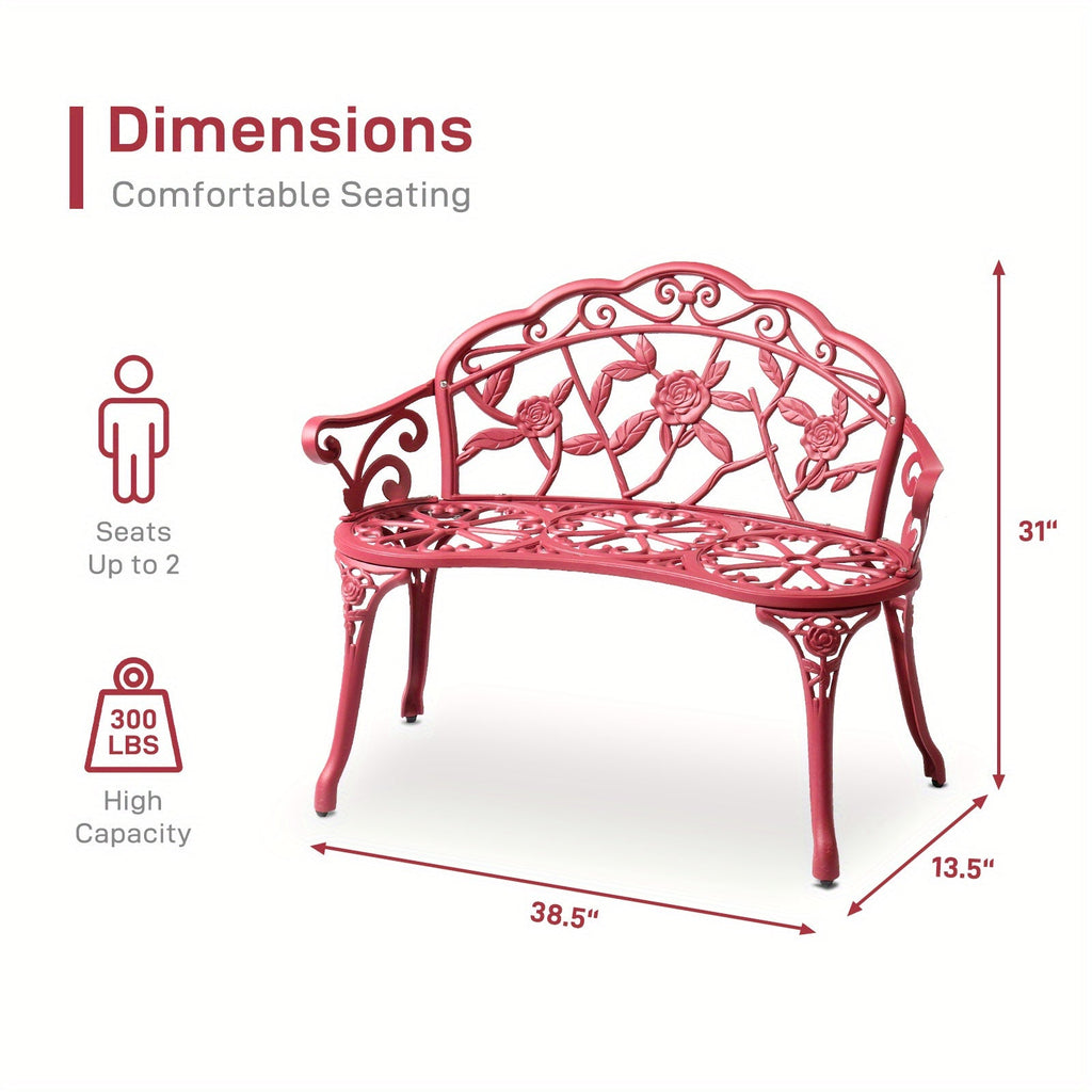 Rose Pattern Cast Aluminum Outdoor Bench 38.5", Floral Vintage Design, Weatherproof & Rustproof, Ergonomic Back & Armrests, Patio Garden Porch Courtyard Seating, Available in Red/Brown/Black