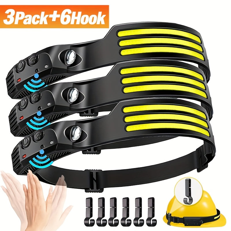 3-Pack Rechargeable 230° Wide Beam COB LED Headlamp with Motion Sensor, 5 Modes, and 6 Hooks – Bright Headband Flashlight for Camping, Hiking, Work, and Hard Hats (Single/Dual/Triple Strip)