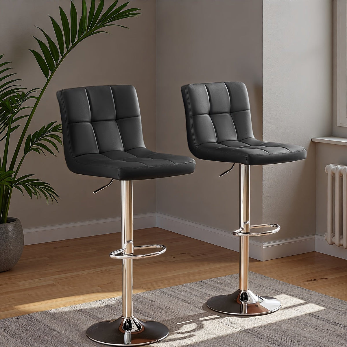 Adjustable Swivel Bar Stools Set of 2 Armless Hydraulic PU Leather with Thickened Seat Cushion & Backrest, Counter Height Kitchen Bar Chairs for Home Bar Island, White Black