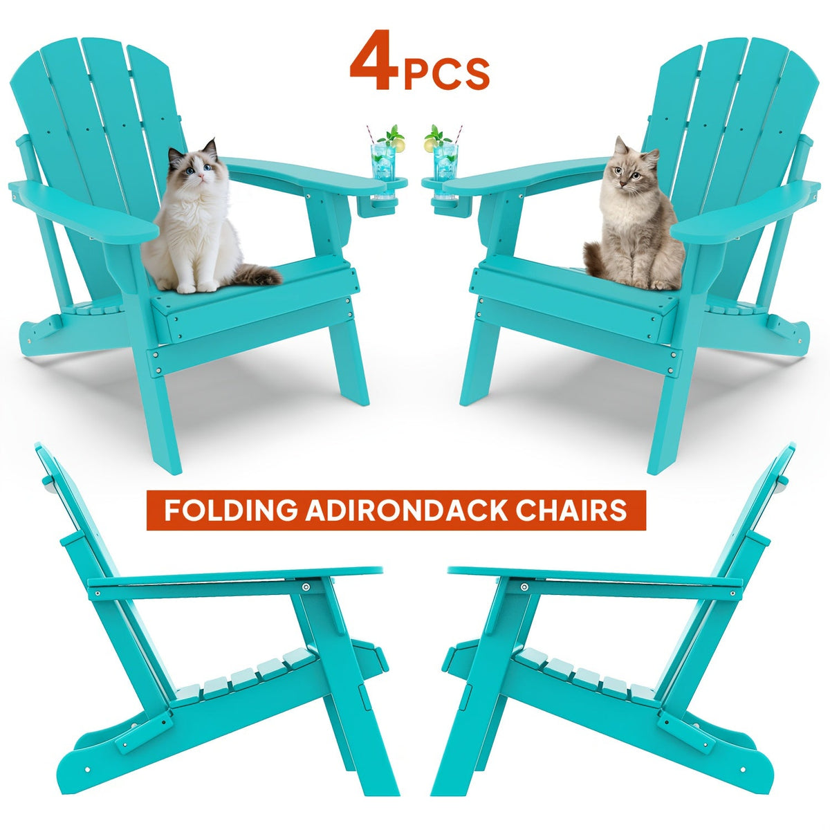 Folding Adirondack Chair with Cup Holder Portable Recliner Stainless Steel Frame Durable Plastic Easy Clean for Patio Poolside Garden Camping Set of 1 2 4 6