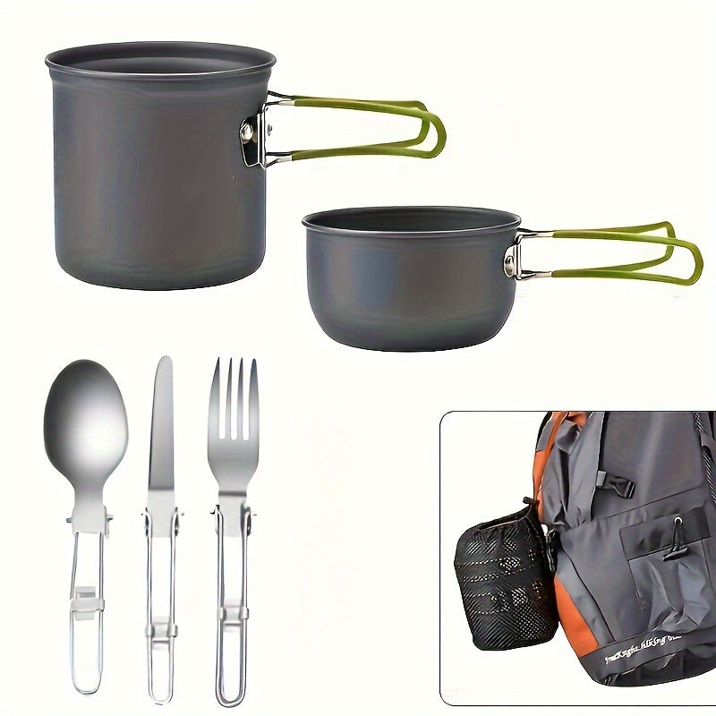 304 Stainless Steel Camping Cookware Set with Foldable Storage – Durable Compact Pot with Knives & Forks Utensils for Outdoor Backpacking, Hiking, Picnics & Camping, Green & Orange, Lightweight Camp Kitchen Kit