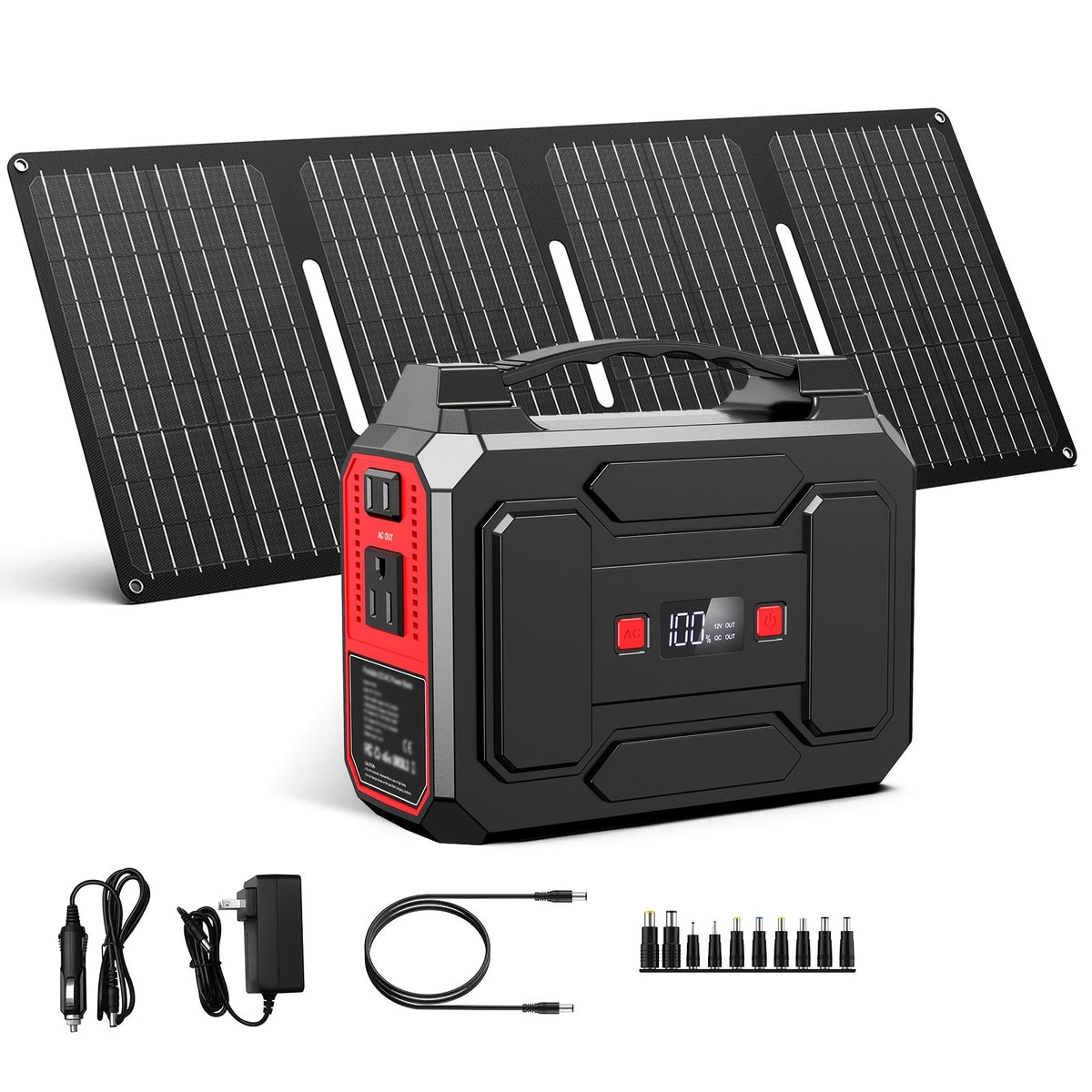 Portable Power Station 100W / 300W Solar Generator – AC Outlet, USB QC3.0, DC Port, LED Flashlight, High Capacity Battery Pack for Camping, Hiking, Road Trips, CPAP, and Hurricane Emergency