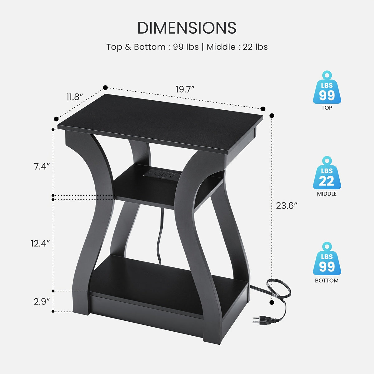 3-Tier Nightstand with Charging Station - USB Ports & Outlets, Modern Slim Bedside End Table for Bedroom, Dorm & Small Apartment - Black & White, 1 or 2 Pack