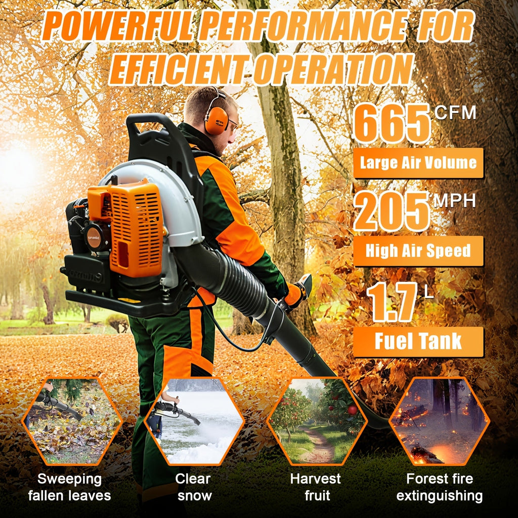 63CC Gas-Powered Leaf Blower 665 CFM 205 MPH with Adjustable Extension Nozzle & Ergonomic Non-Slip Handle for Lawn Yard & Debris Cleanup – Orange