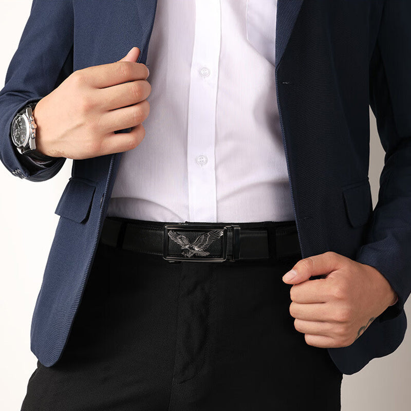 2pcs Men's Genuine Leather Belt Set with Automatic Ratchet Buckle – Adjustable Comfort Fit for 30"-44" Waist, Business & Casual Dress Belts in Black/Light Brown & Black/Dark Brown