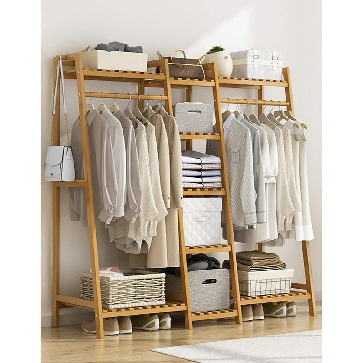 Bamboo Clothes Rack with Shelves Hat Hooks & Storage Bag – Adjustable Multi-Capacity Clothing Stand for Bedroom Closet in 32 / 51 / 75 Inch Brown & Natural