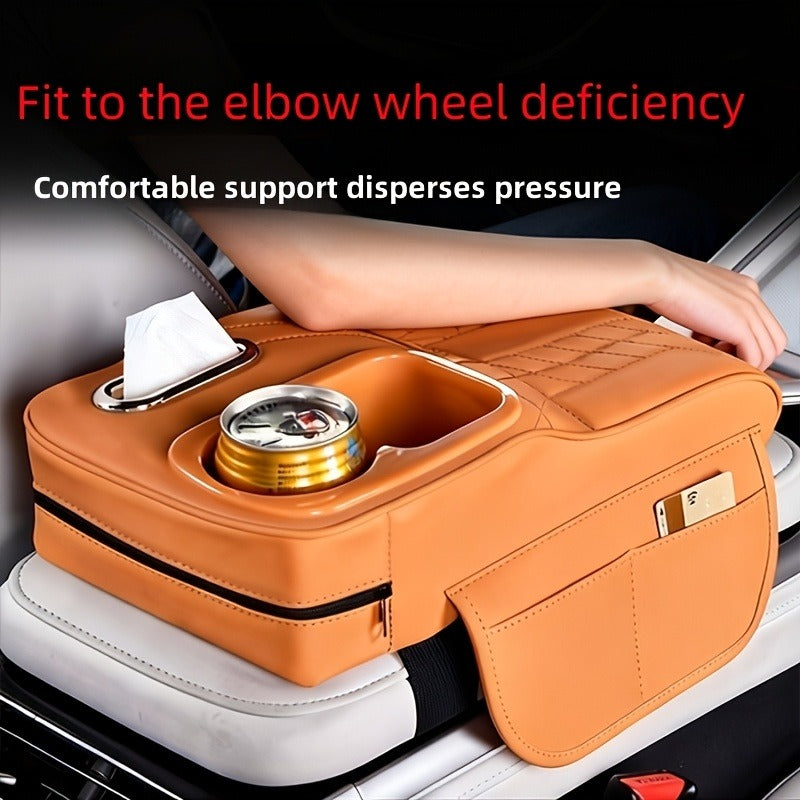 Car Center Console Tray Organizer with Raised Design, Tissue Box, Cup Holder, and Non-Slip Storage Mat (Black, Orange, Red, Brown, Beige)