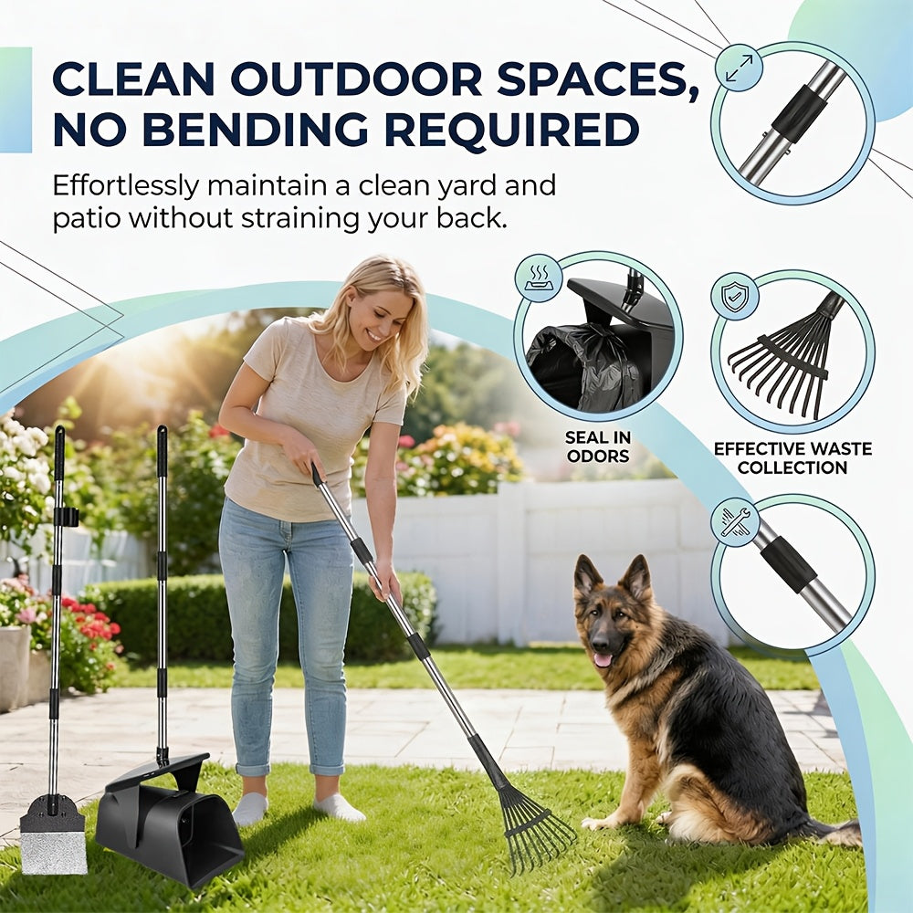 Heavy Duty Dog Pooper Scooper Set with Swivel Bin, Rake & Spade – Long Handle Pet Waste Removal Tool for Grass, Dirt & Gravel, Includes 40 Waste Bags, Great for Large Dogs