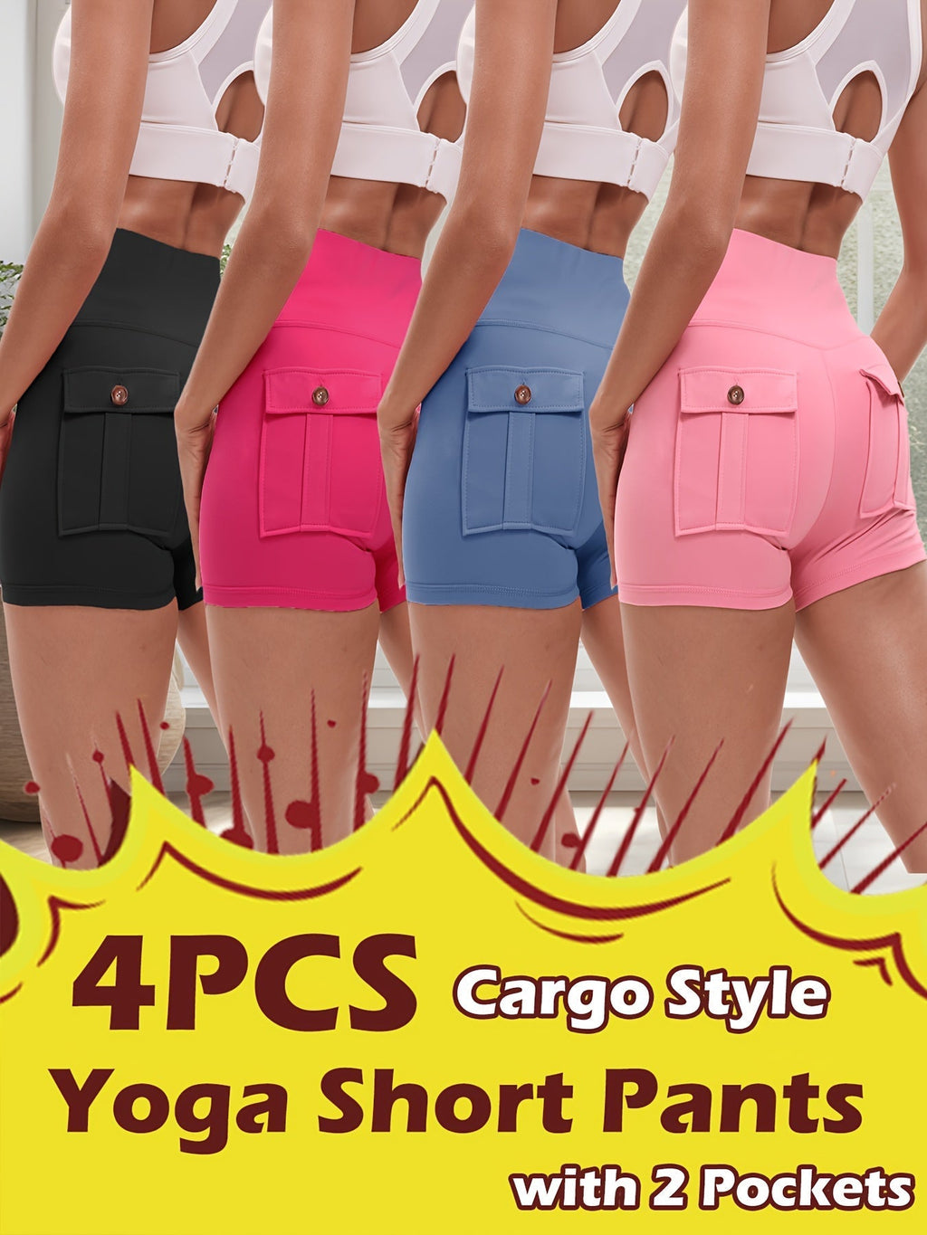 4-Piece Women's High-Stretch Yoga Shorts Set – Hip-Lifting Quick-Dry Fitness Shorts with Elastic Waist & 2 Pockets, Solid Color Athletic Shorts for Gym, Running, and Pilates, S-XXL