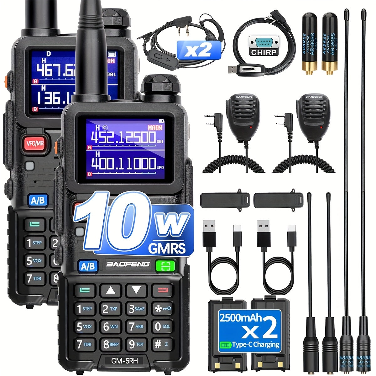 BAOFENG GM-5RH 10W Long Range GMRS Radio 2-Pack - Handheld Two-Way Radio with NOAA Weather, USB-C Charging, 999 Channels, 2500mAh Battery, 771 & 805S Antenna for Hunting, Camping, and Climbing