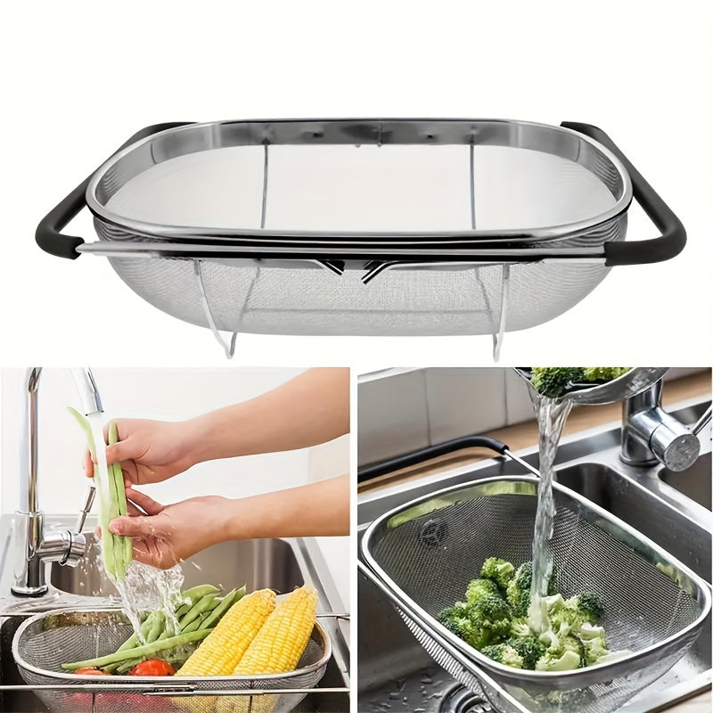 可伸缩不锈钢滤水篮——用于蔬菜、水果和面条的细网漏盆，食品级厨房必备品，尺寸可调，易于收纳
