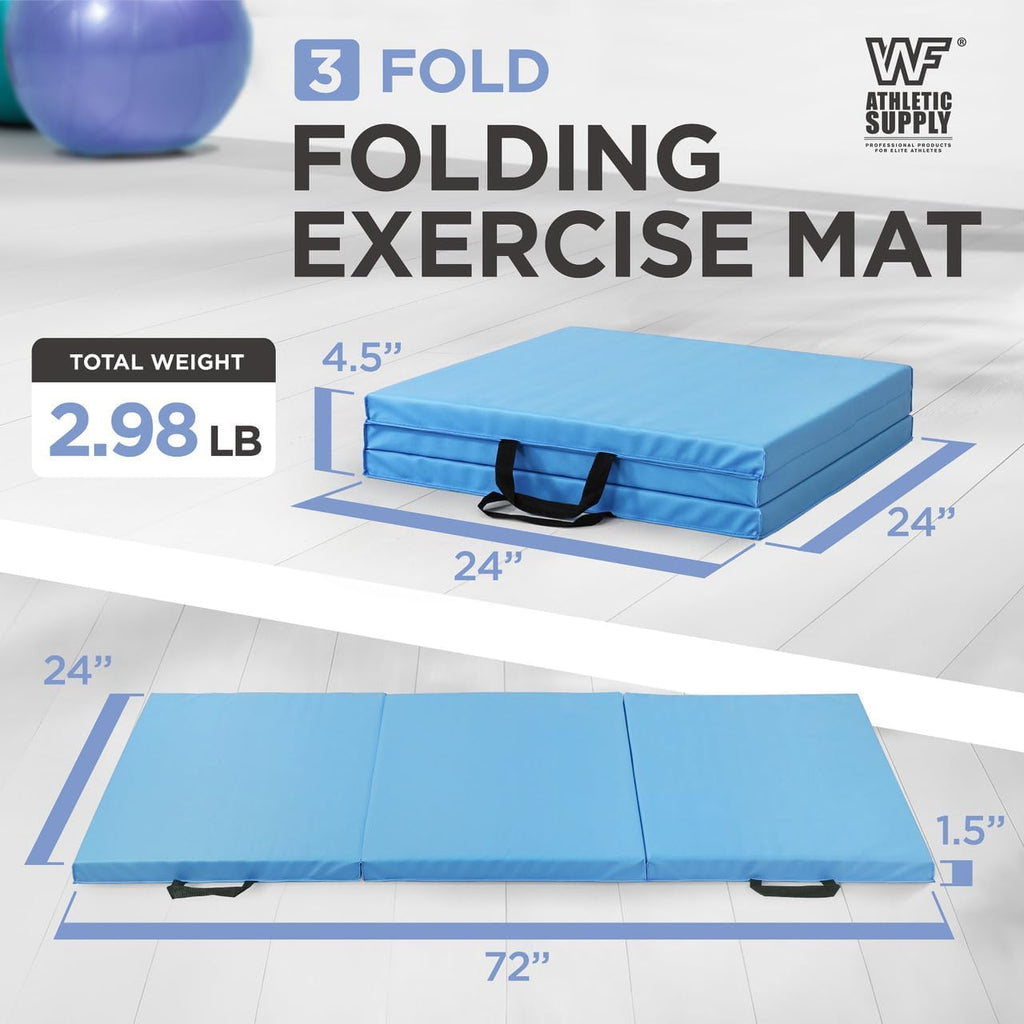 Tri-Fold Exercise Mat, 1.5" Thick with Carrying Handles - High-Density Foam Foldable Gym Mat for Gymnastics, Yoga, MMA, Core Workouts & Stretching, 72" x 24", Easy Storage & Portable