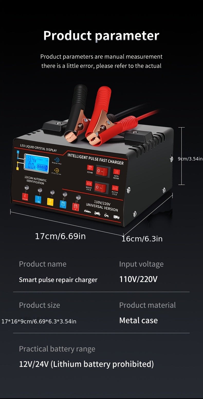 Smart Universal Battery Charger 12V 24V with LCD Screen Pulse Repair Trickle Maintainer for Car, Truck, Motorcycle, Boat, Lawn Mower, and Harvester – Automatic Temperature Regulation