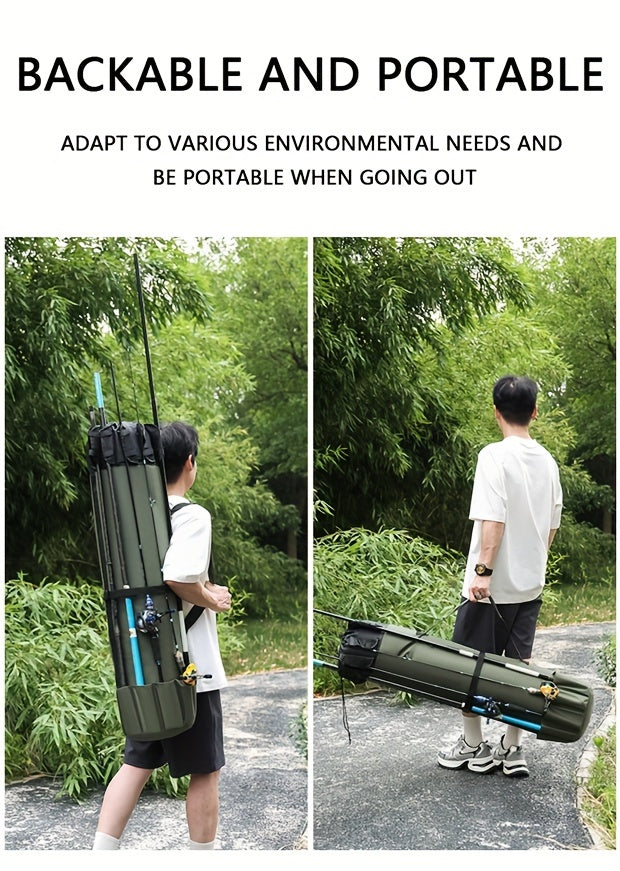 Large Capacity Folding Durable Fishing Rod Bag, Multifunctional Gear Carrier Case with Two Lead Weights, Fits Multiple Rods, Tackle Organizer for Freshwater and Saltwater Fishing