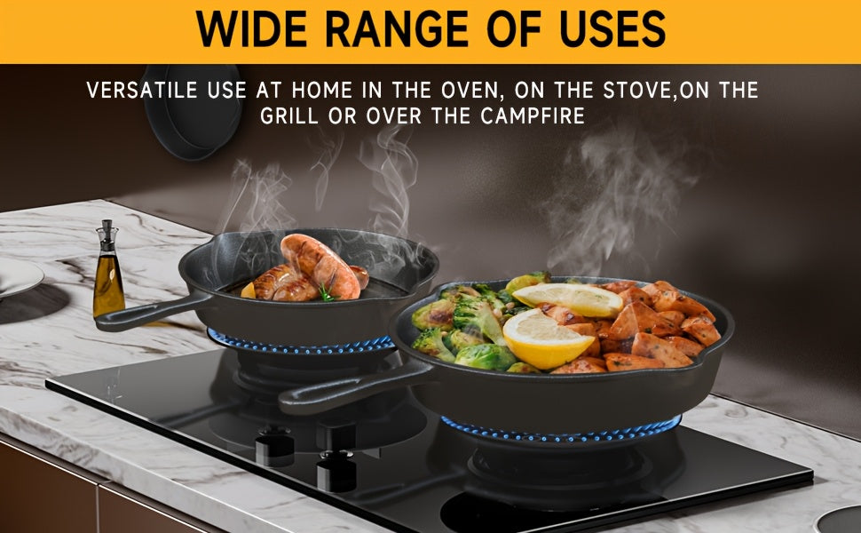 3-Piece Cast Iron Skillet Set with Pour Spouts – Pre-Seasoned Non-Stick Heavy-Duty Cookware for Holiday Cooking, RV Camping, Campfire Meals, Oven & Stovetop Safe Kitchen Gift