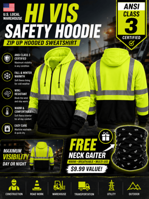 High Visibility ANSI Class 3 Type R Reflective Safety Zip-Up Fleece Hoodie for Men and Women, Construction Workwear with Neck Gaiter, Fluorescent Yellow