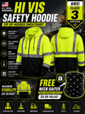 High Visibility ANSI Class 3 Type R Reflective Safety Zip-Up Fleece Hoodie for Men and Women, Construction Workwear with Neck Gaiter, Fluorescent Yellow