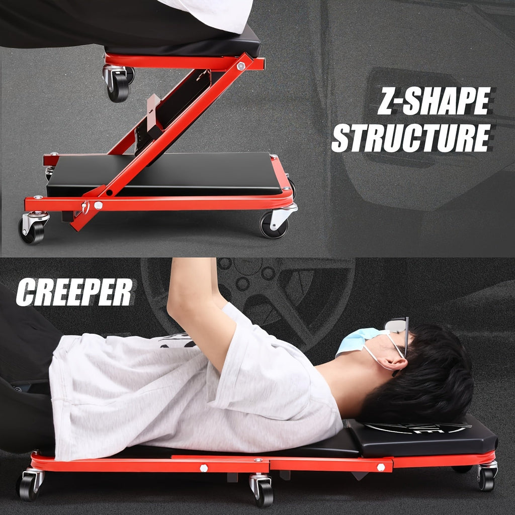 36-Inch Heavy-Duty 3-in-1 Folding Mechanic Creeper with Adjustable Z-Seat - 6 Lockable Swivel Casters, 350-650 Lb Capacity, Vinyl Padded Seat & Headrest, Professional Automotive Repair Crawler