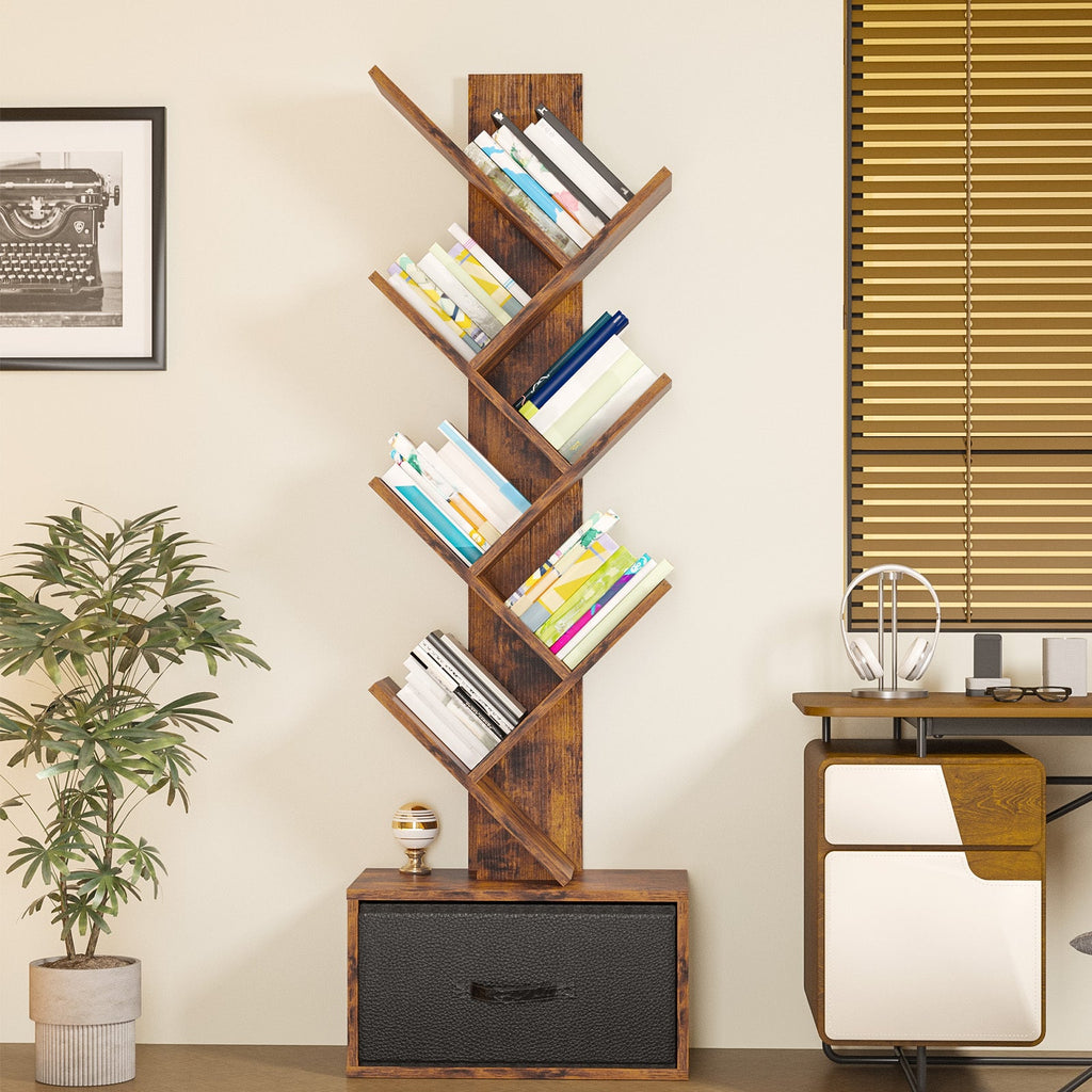 6-Tier Tree Bookcase 44.5" Vintage Narrow Floor Standing Bookshelf with Drawer – Wooden Book Organizer for Office Bedroom Living Room