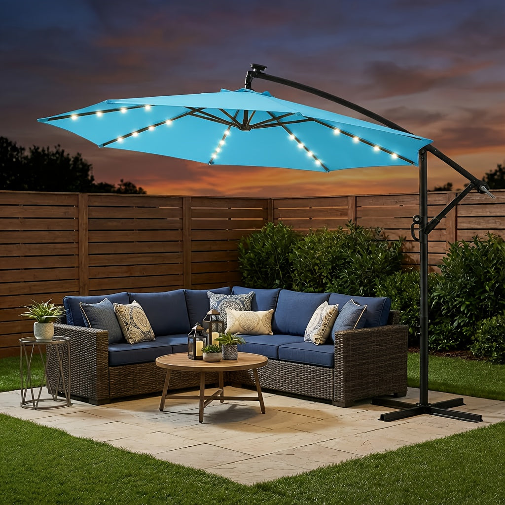 10ft Solar LED Offset Cantilever Patio Umbrella, UPF50+ UV Protection, Easy Tilt & Crank, Heavy-Duty Outdoor Market Umbrella, Sun Shade for Garden Deck Backyard Pool (Base Not Included)