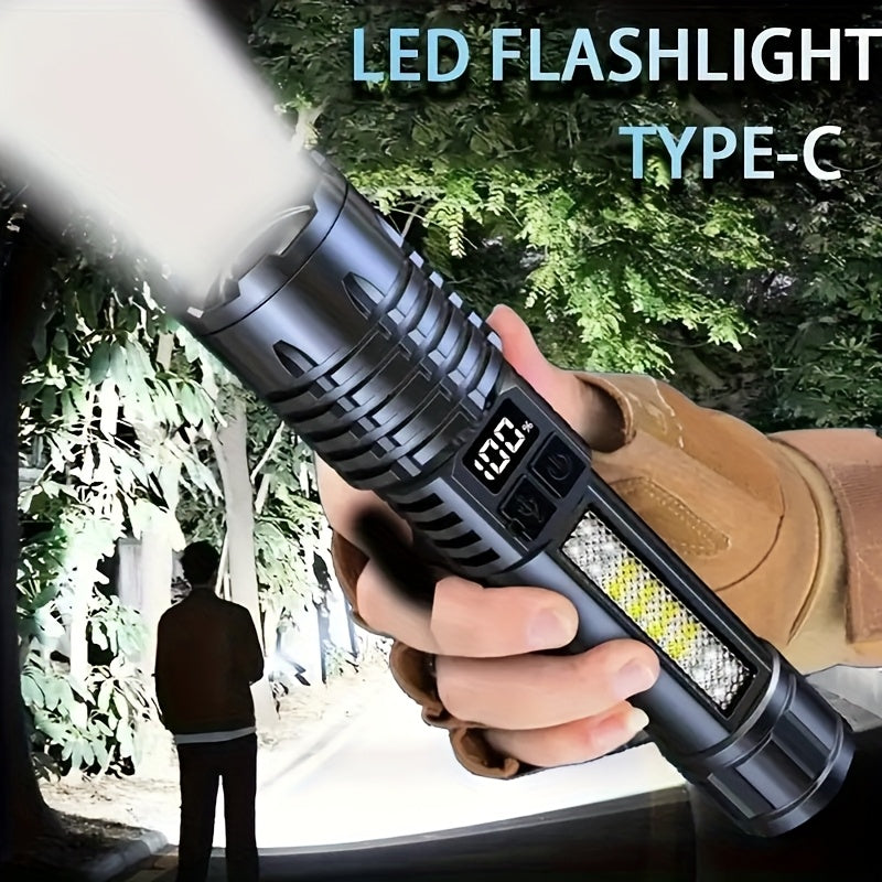 Rechargeable Tactical Flashlight 2-Pack, USB COB LED – Ultra Bright, 5 Modes, Zoomable, 200-500M Beam, LCD Display, for Camping, Fishing, Hunting, Cycling, and Emergencies