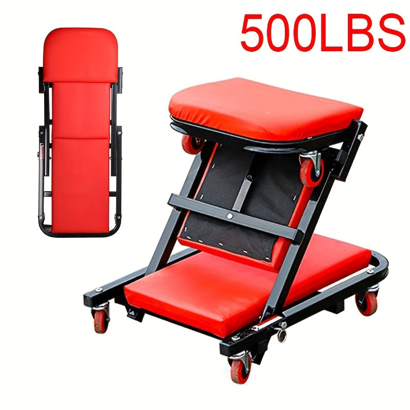 Foldable 2-in-1 Mechanic Creeper & Rolling Seat 300LB | 36-Inch Z-Crawler with 6 Swivel Casters, Adjustable Headrest, Folding Car Repair Creeper for Garage Workshop – Black & Red