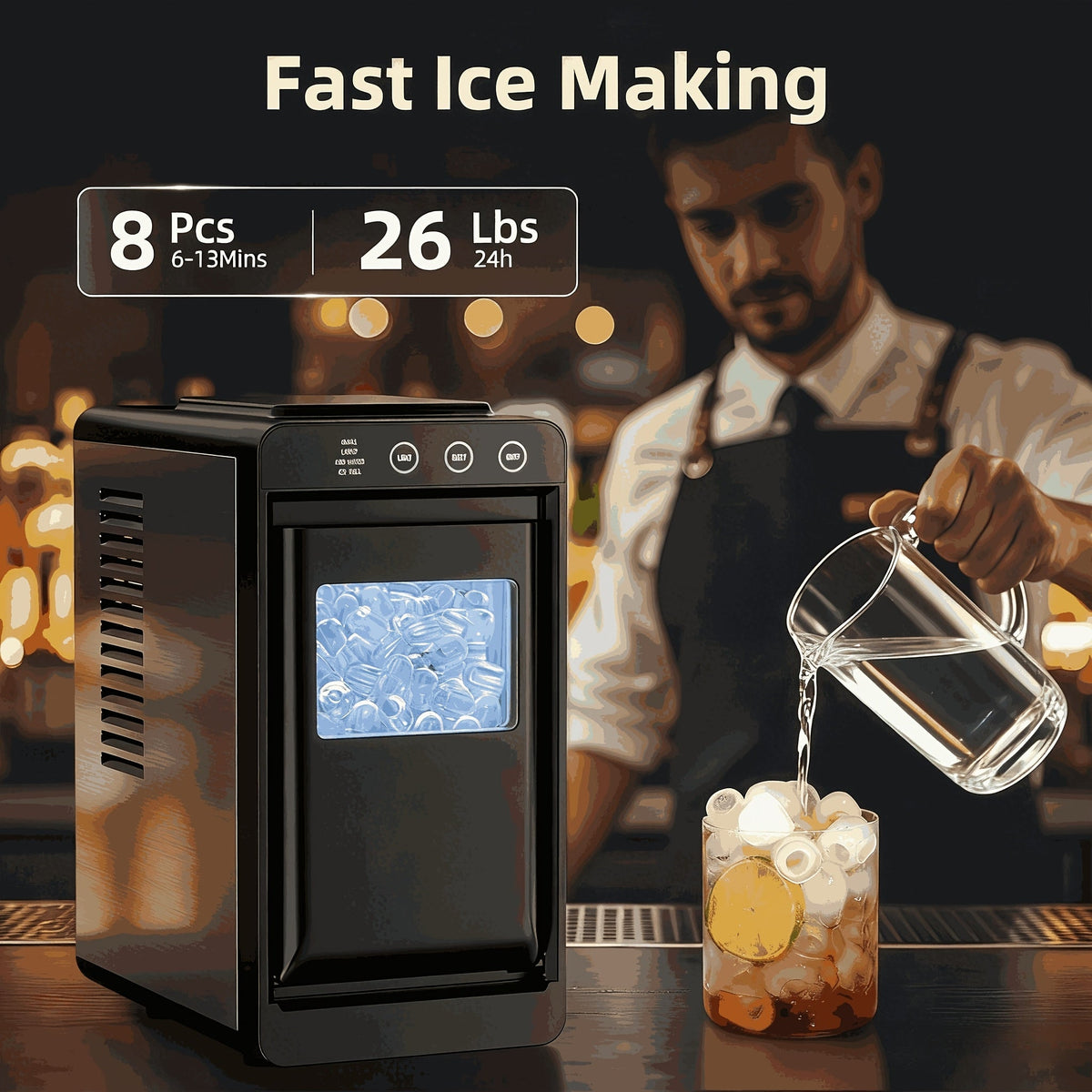 Countertop Ice Maker Machine – 26 LB per 24 Hours Self-Cleaning Selectable Ice Size Internal Lighting with Ice Basket & Scoop for Home & Kitchen in Black White & Grey