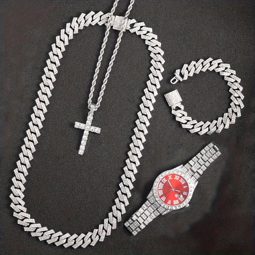 4-Piece Rhinestone Watch and Cross Pendant Jewelry Set, Quartz Analog Wristwatch, Necklace, Bracelet, and Earrings, Unisex Gift for Him or Her, Wedding