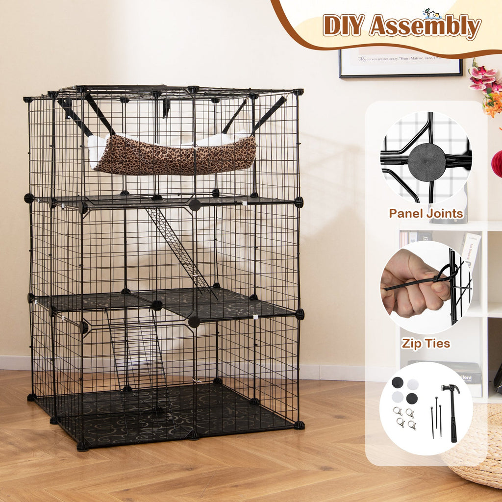 3-Tier Indoor Cat Cage & Enclosure, 29"x29"x43.5", Skylight, Hammock, 2 Climbing Ladders, 3 Lockable Doors, Anti-Tip Kit, Metal Wire & PP, for 1-3 Cats & Small Animals, Black