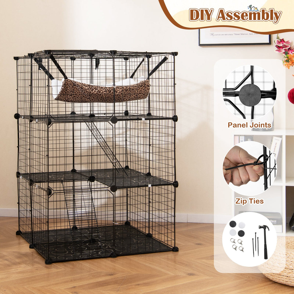 3-Tier Indoor Cat Cage & Enclosure, 29"x29"x43.5", Skylight, Hammock, 2 Climbing Ladders, 3 Lockable Doors, Anti-Tip Kit, Metal Wire & PP, for 1-3 Cats & Small Animals, Black