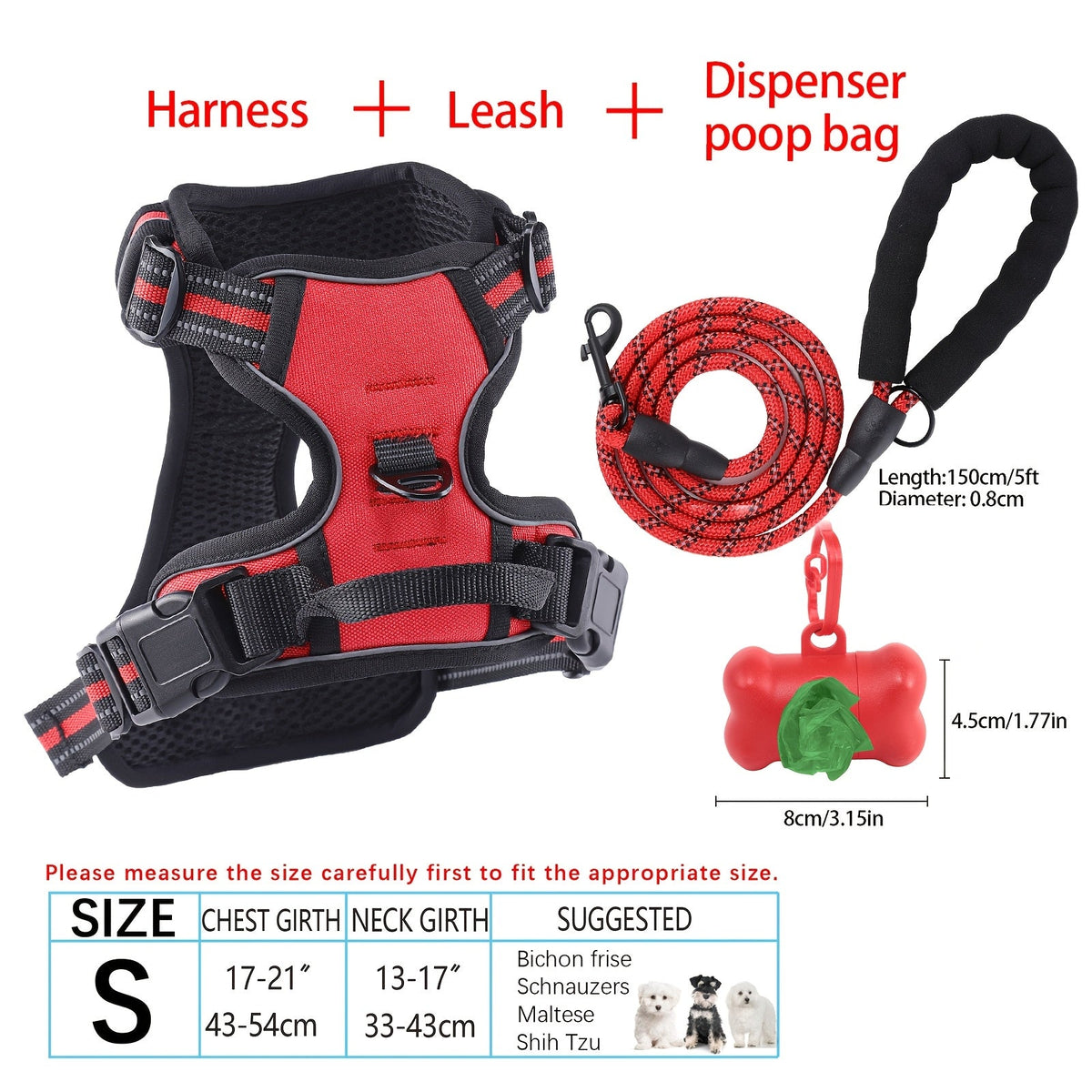4-Piece Dog Harness and Leash Set, No-Pull No-Choke Reflective Oxford Vest Harness with Leash, Poop Bag Dispenser, and Easy Control Handle for Medium and Large Dogs, Outdoor Training, and Walking