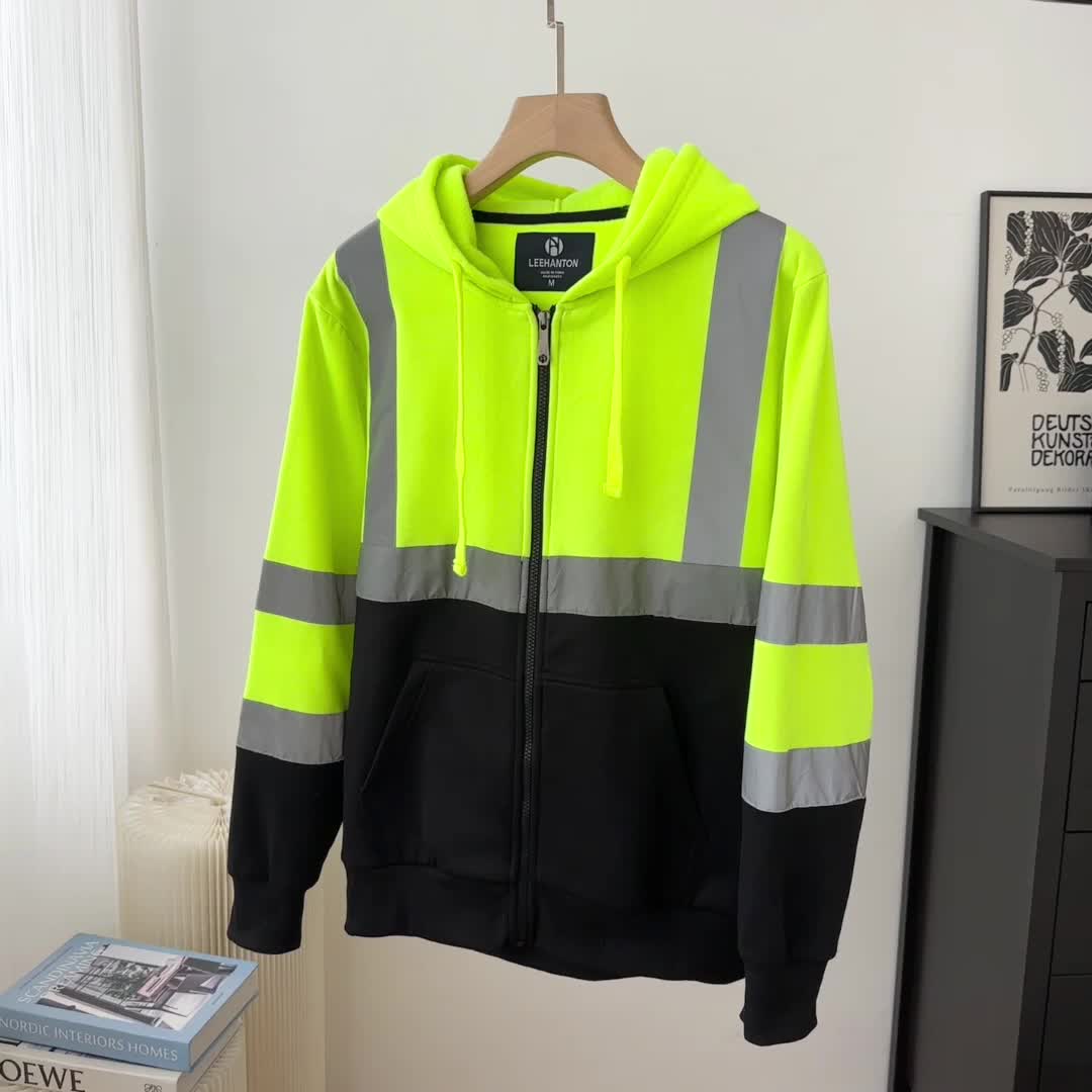 High Visibility ANSI Class 3 Type R Reflective Safety Zip-Up Fleece Hoodie for Men and Women, Construction Workwear with Neck Gaiter, Fluorescent Yellow